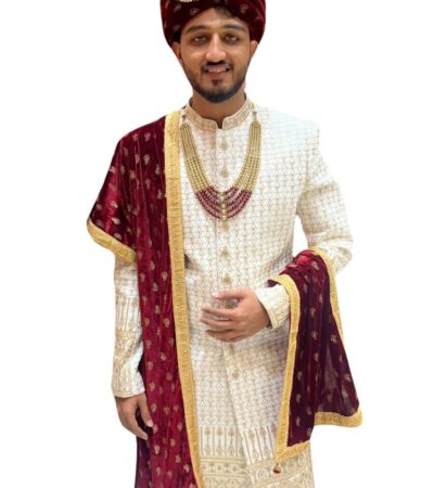 Ivory and Maroon Royal Sherwani