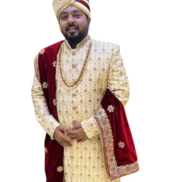 Ivory & Maroon Regal Wedding Sherwani