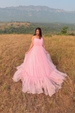 Blush Pink Tulle Gown with Lace-Up Back