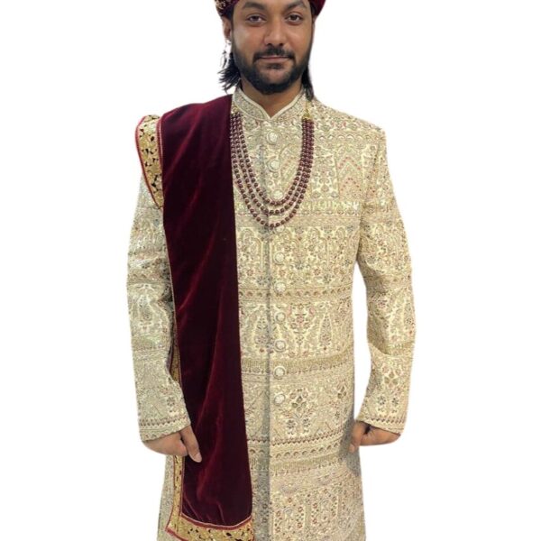 Gold Embroidered Sherwani with Maroon Velvet Dupatta
