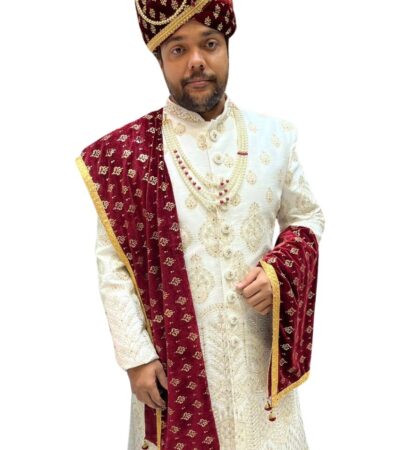 Ivory & Gold Royal Sherwani with Maroon Velvet Dupatta