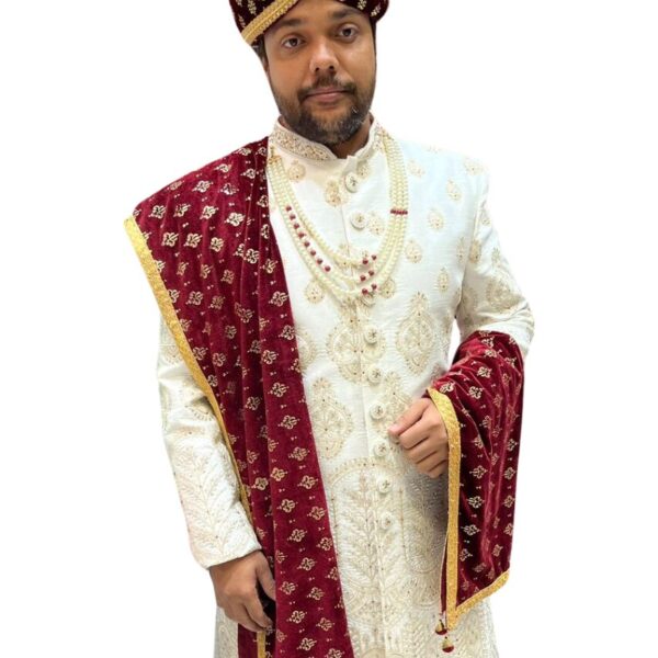 Ivory & Gold Royal Sherwani with Maroon Velvet Dupatta